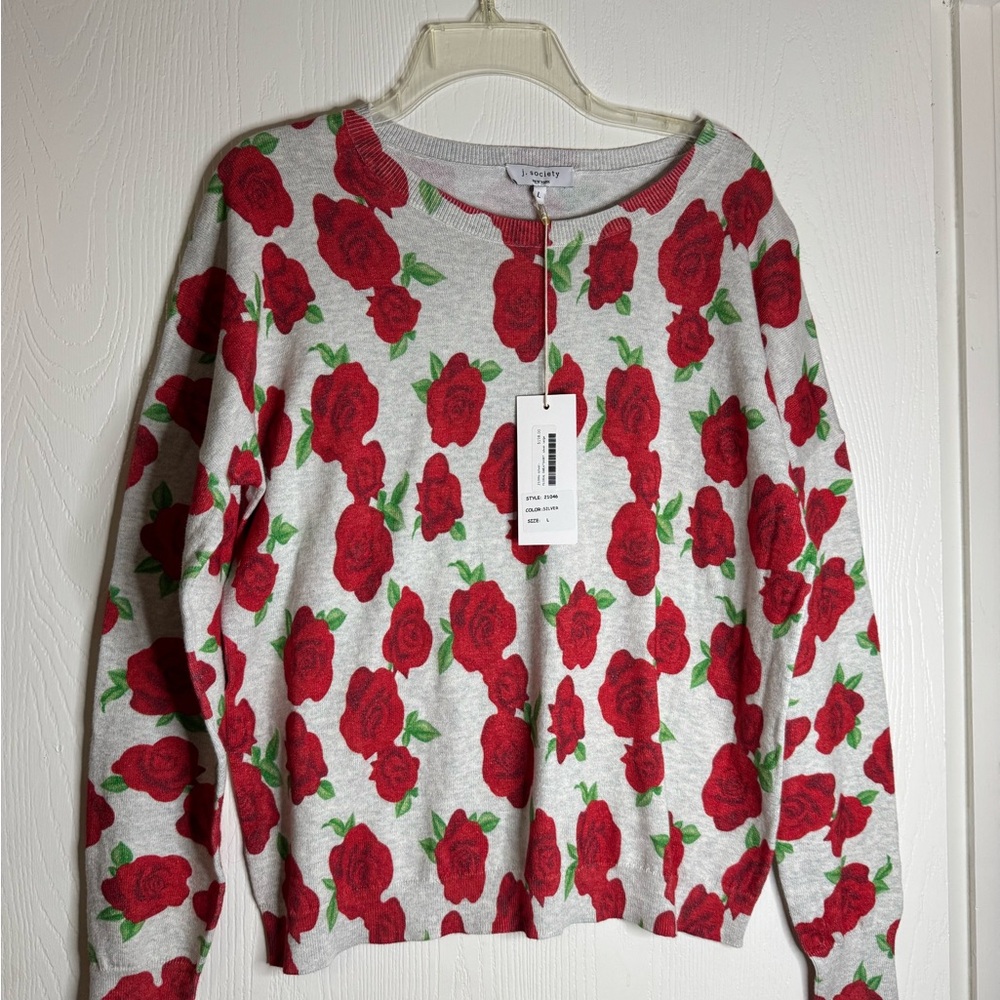 J. Society Floral Patterned Gray and Red Sweater
